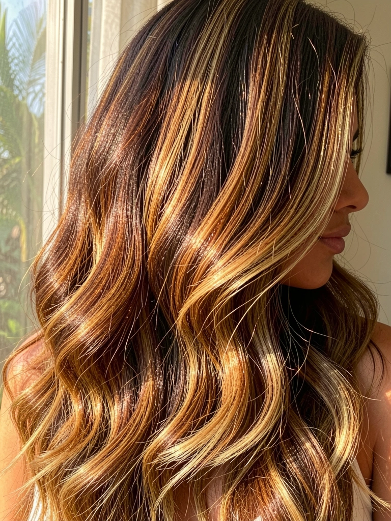 Close-up de cabelo ondulado castanho escuro com mechas caramelizadas e loiras, luz natural suave criando brilho e profundidade.