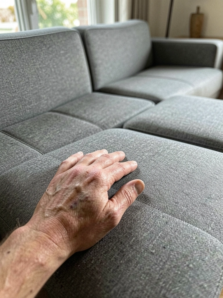 Sofá modular cinza com assentos independentes em ambiente claro.