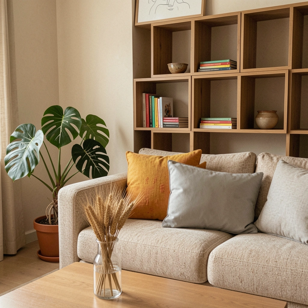 Estante modular com nichos quadrados contendo livros, vaso e objeto decorativo geométrico.