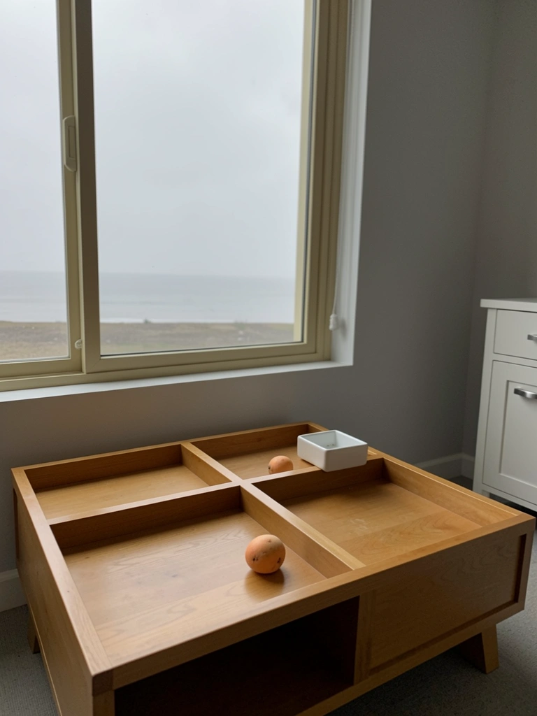 Mesa de centro modular com compartimentos abertos e fechados, em madeira clara e tons neutros.