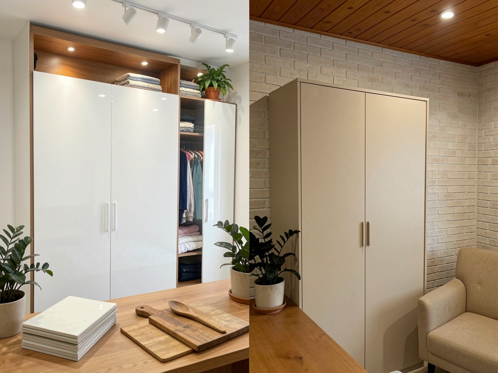 Dois ambientes lado a lado: guarda-roupa planejado com acabamento liso e modulado com painéis aparentes.