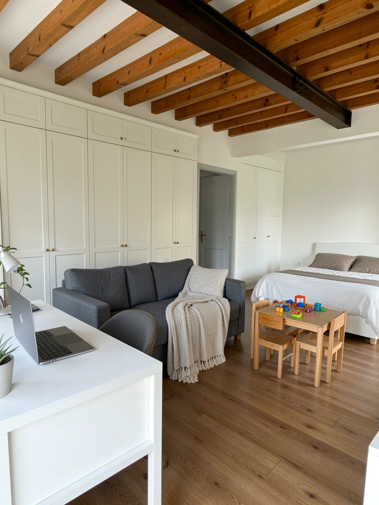 Colagem com quatro ambientes decorados: quarto, sala, home office e quarto infantil, com móveis modulados em tons neutros e madeira.