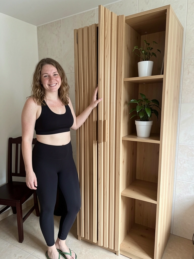 Quarto de casal com roupeiro modulado em madeira clara e cama com cabeceira estofada.