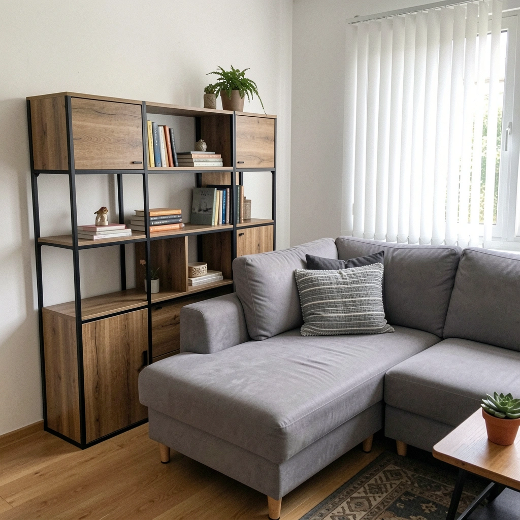 Sala com estante modular branca e sofá de canto cinza, iluminação natural vinda de janela ao fundo.