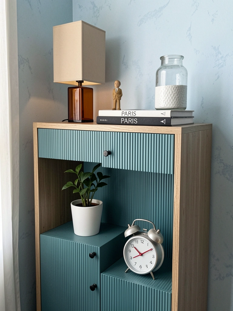 Mesa modular com tampo claro e prateleiras organizadas com livros e objetos decorativos em home office.