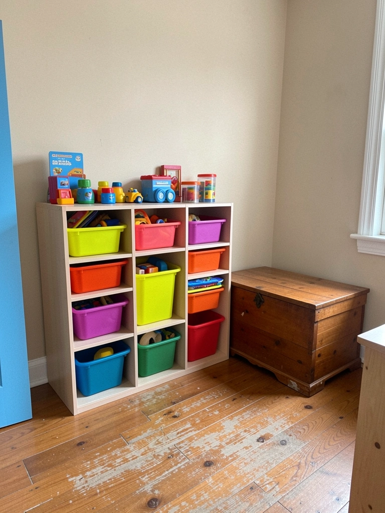 Quarto infantil com estante modular colorida e baú no canto, luz natural entrando pela janela.