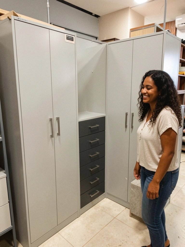 Showroom com diversos móveis modulados em diferentes cores e acabamentos.
