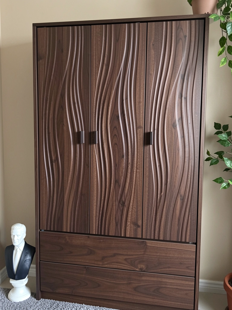 Guarda-roupa modular de 6 portas com gavetas, em madeira clara, com puxadores discretos e portas lisas.