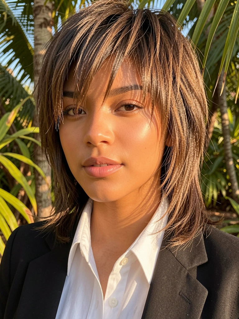 Close-up de jovem com cabelo mullet texturizado, camisa branca e blazer preto, luz natural filtrada por folhas.