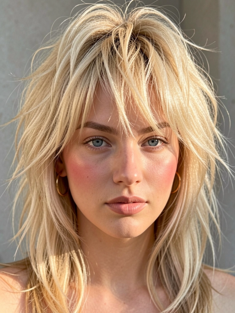 Jovem de cabelo loiro texturizado em mullet, com franja desconectada, brinco argola dourada, luz natural suave sobre fundo cinza neutro.