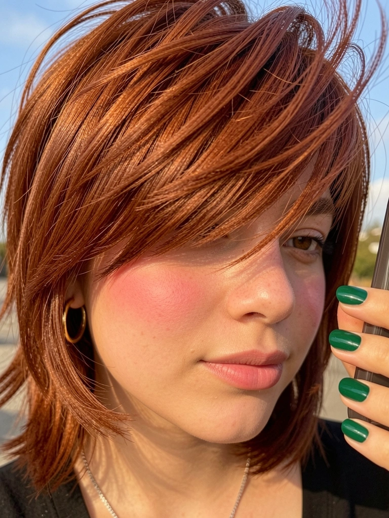 Close-up de cabelo ruivo em camadas com textura, brincos de argola dourados e fundo levemente desfocado ao ar livre.