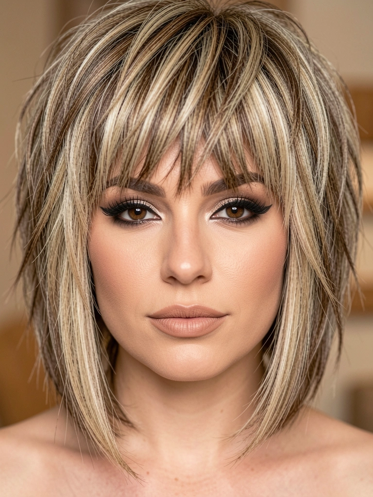 Mulher com cabelo loiro e castanho em bob assimétrico, maquiagem com delineado preto e batom nude, iluminação suave destacando texturas.