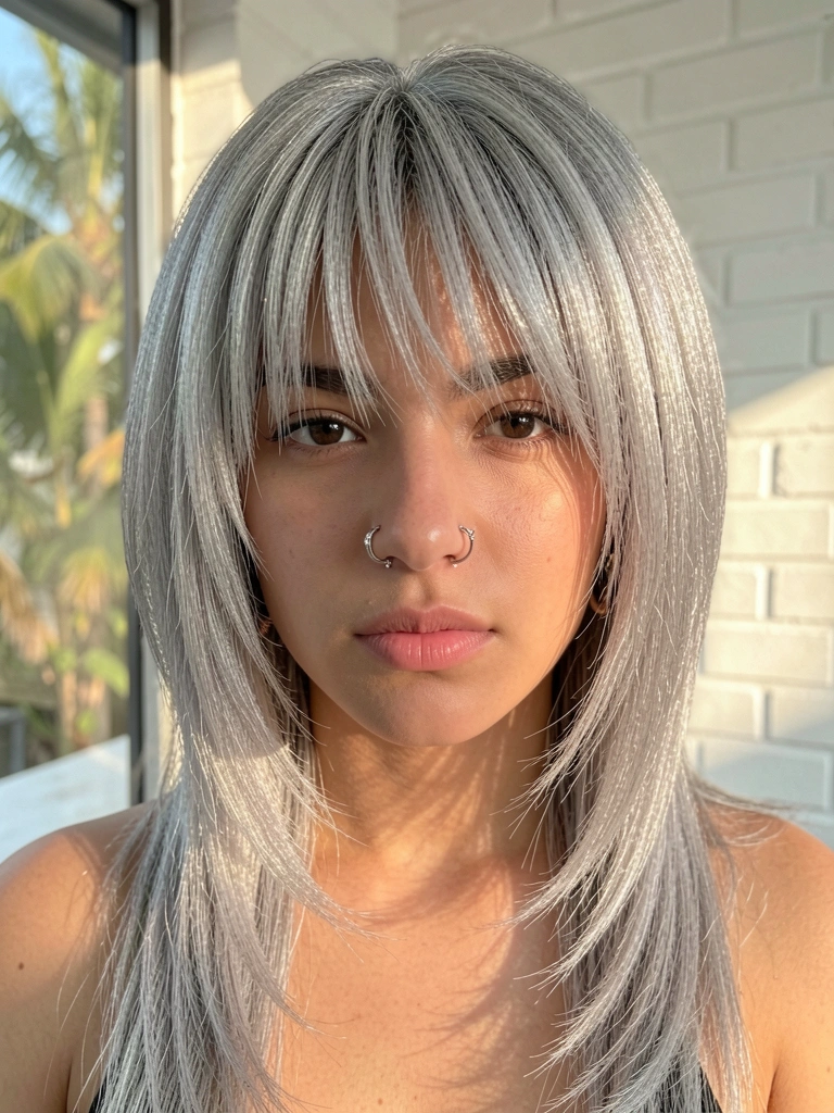 Jovem com cabelo prateado longo e texturizado em mullet moderno, franja desconectada, piercing no nariz, fundo de parede de tijolos brancos com luz natural difusa.