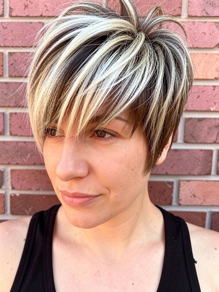 Close-up de mulher de cabelo platinado e base castanha em updo volumoso com textura, camiseta preta e parede de tijolos rosada iluminada por luz natural.
