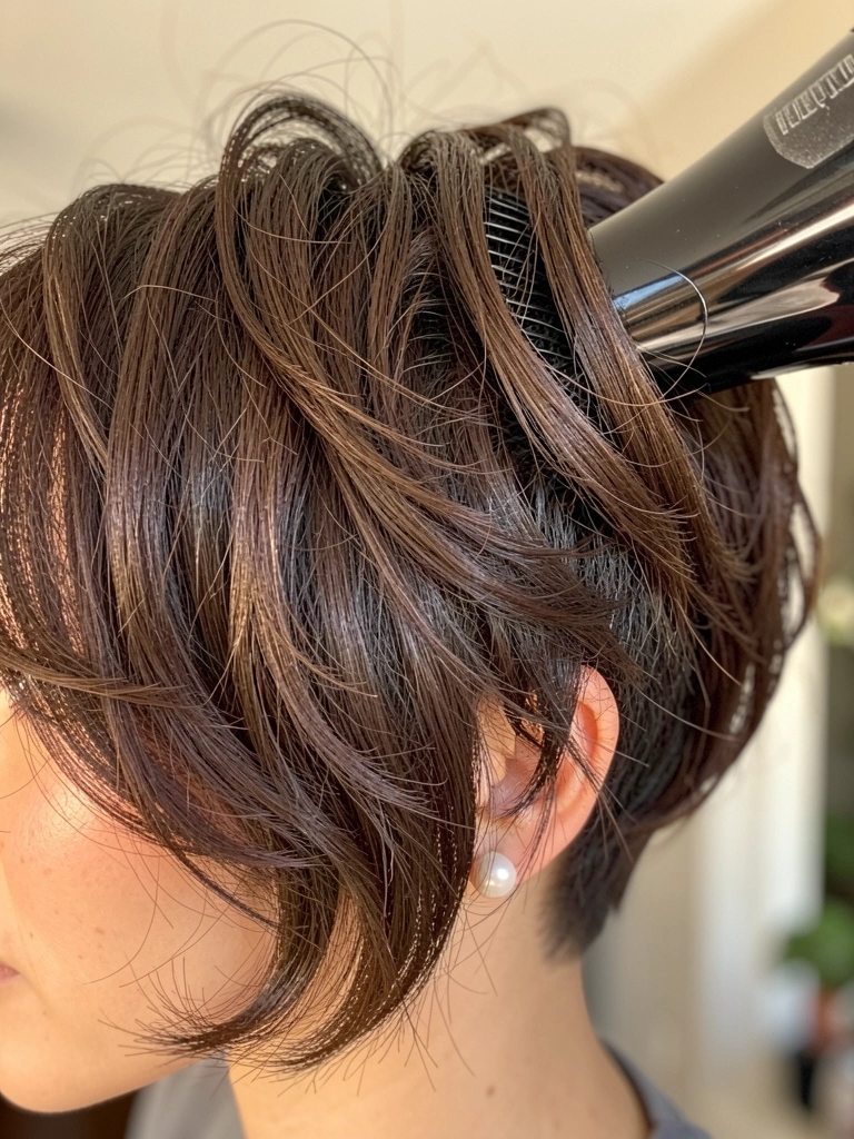 Cabelo castanho escuro curto e ondulado sendo modelado com secador e pente, brinco de pérola e luz natural suave.