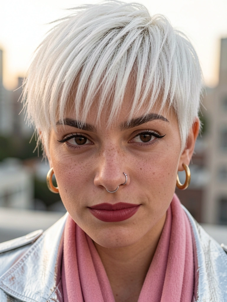 Close-up de jovem com cabelo branco curto e franja texturizada, jaqueta metálica prateada e cachecol rosa, brincos de argola dourados e piercing prateado no nariz, luz natural difusa e fundo urbano desfocado.