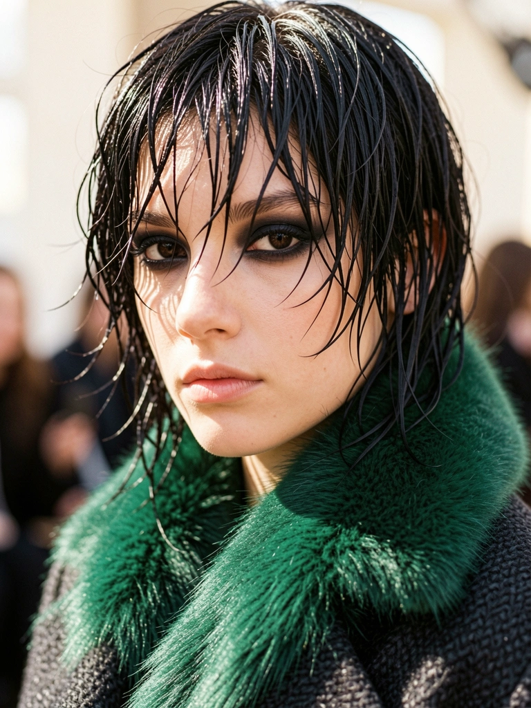 Jovem com cabelo preto molhado e franja texturizada, gola de pele sintética verde-esmeralda e casaco escuro, luz difusa e fundo desfocado.