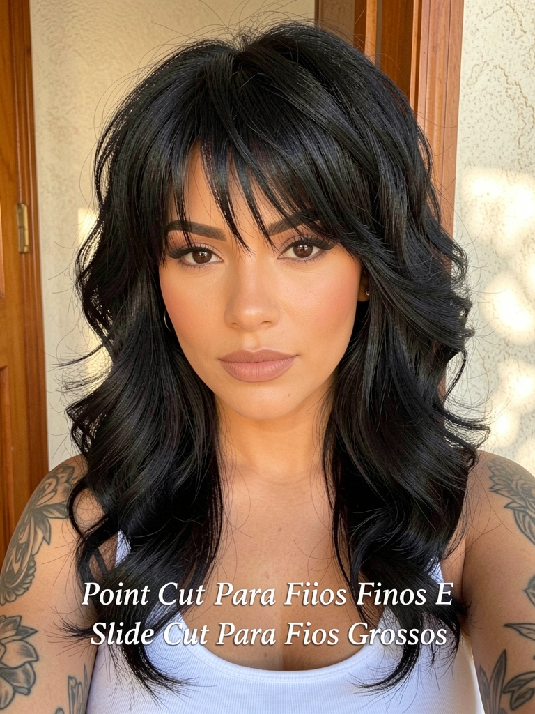 Close-up de mulher com cabelos pretos em camadas, franja desconectada e ondas volumosas, tatuagens no braço e ombro, camiseta branca, fundo com parede texturizada e porta de madeira, luz natural.