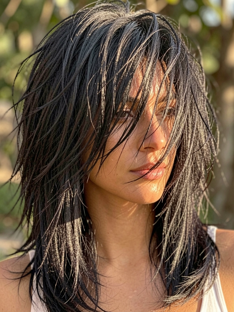 Retrato de mulher com cabelo longo e texturizado em corte mullet, luz natural suave e fundo desfocado ao ar livre.