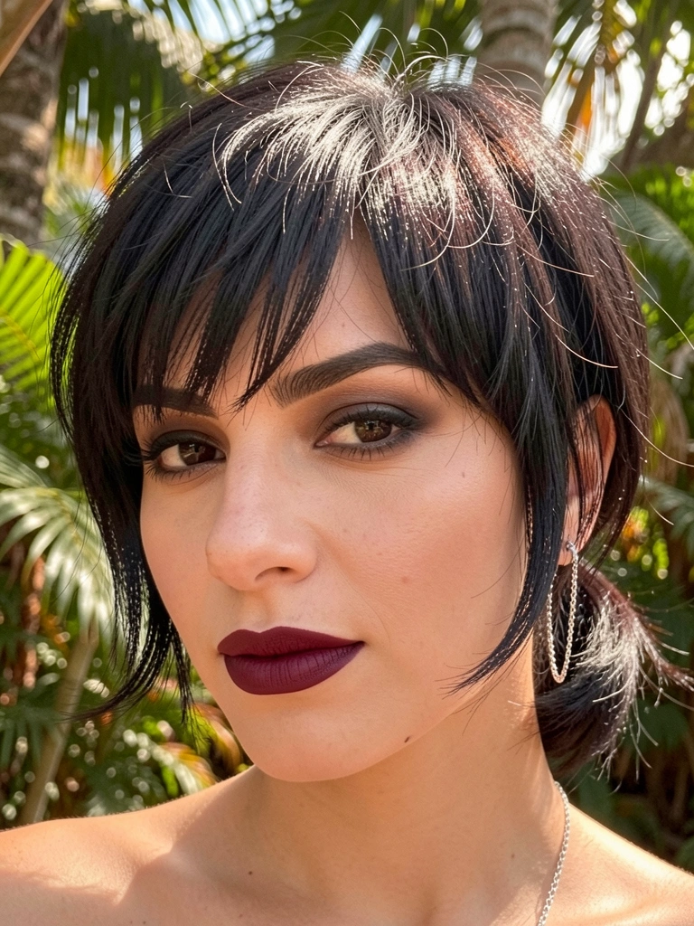 Mulher com franja escura e volumosa, batom vinho, brinco de prata e olhos esfumados, luz natural filtrada por folhagens.