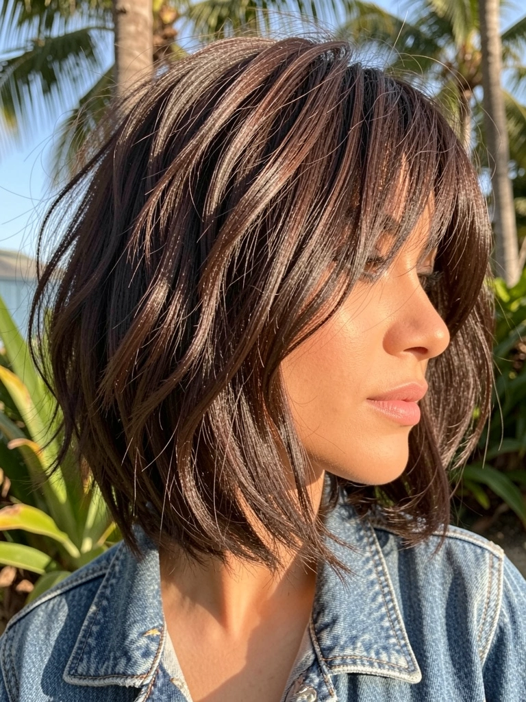 Mulher de cabelo castanho em corte bob repicado com ondas suaves, jaqueta jeans, luz natural quente e fundo desfocado.