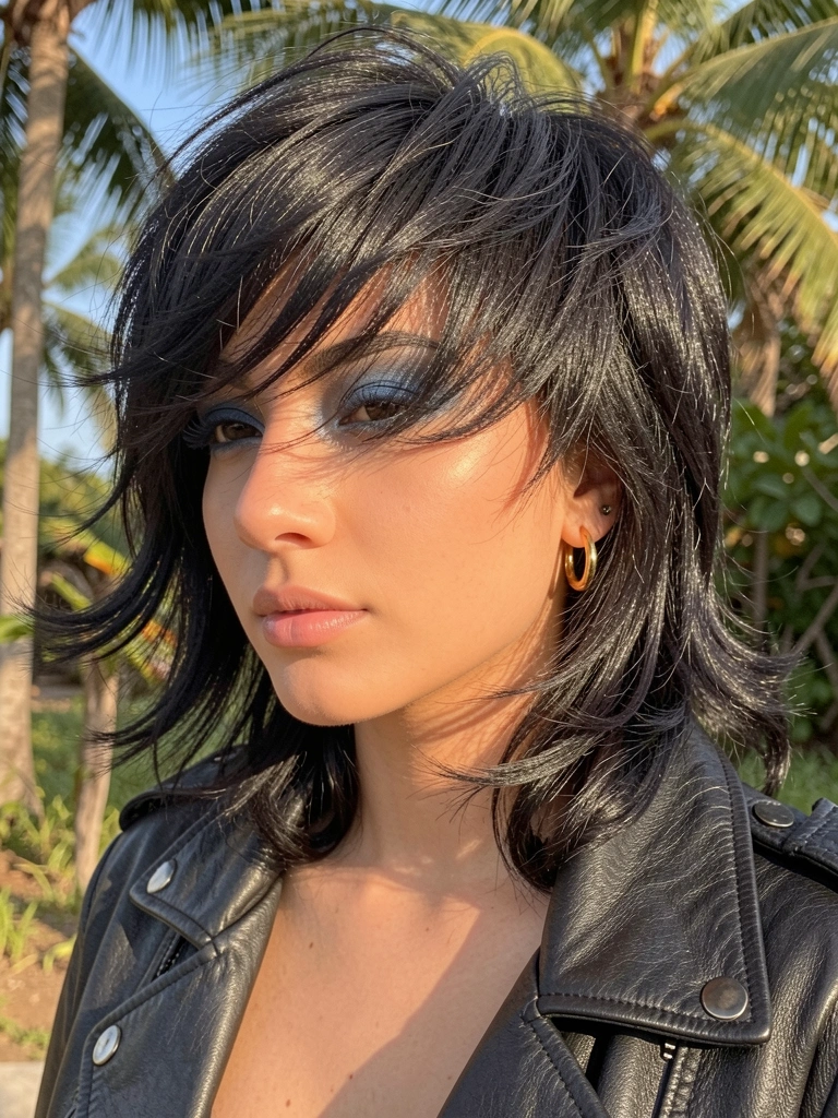 Jovem com cabelo preto repicado e ondulado, jaqueta de couro preta nos ombros, brinco de argola dourado e sombra azul esfumada, luz natural quente.
