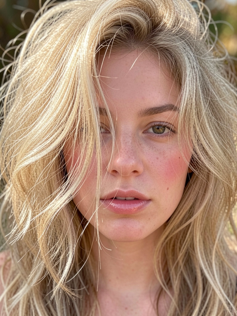 Close-up de mulher com cabelo loiro texturizado e volumoso, fios soltos e pele clara com blush suave, luz difusa destacando a textura dos fios.