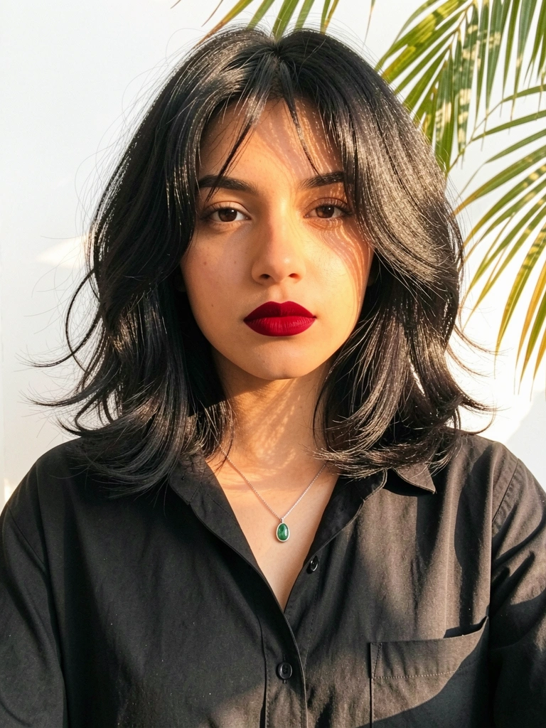 Camisa preta, batom vermelho escuro, colar prateado com pingente de pedra verde e cabelo ondulado em corte mullet, luz natural suave ao fundo branco.