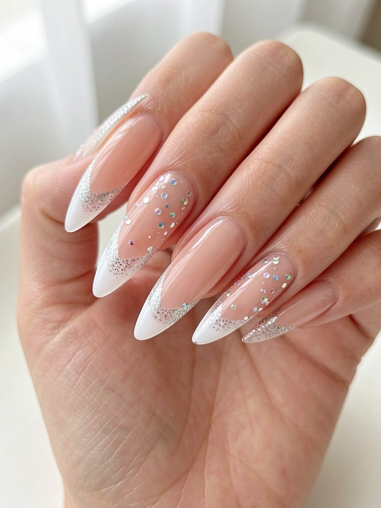 Mãos com unhas compridas em formato amendoado, base nude, ponta branca e glitter prateado, cristais iridescentes nas bordas, luz suave.