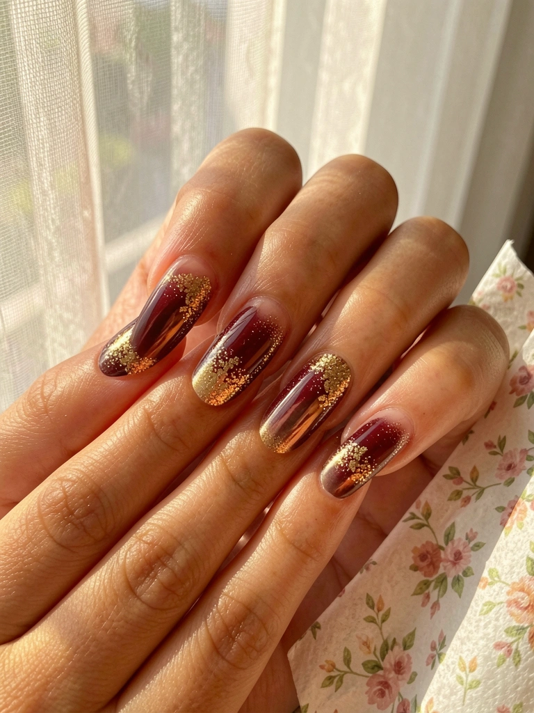 Close-up de unhas de gel com gradiente vinho e dourado, glitter e acabamento reflexivo, papel floral ao lado, luz natural filtrada por cortina.