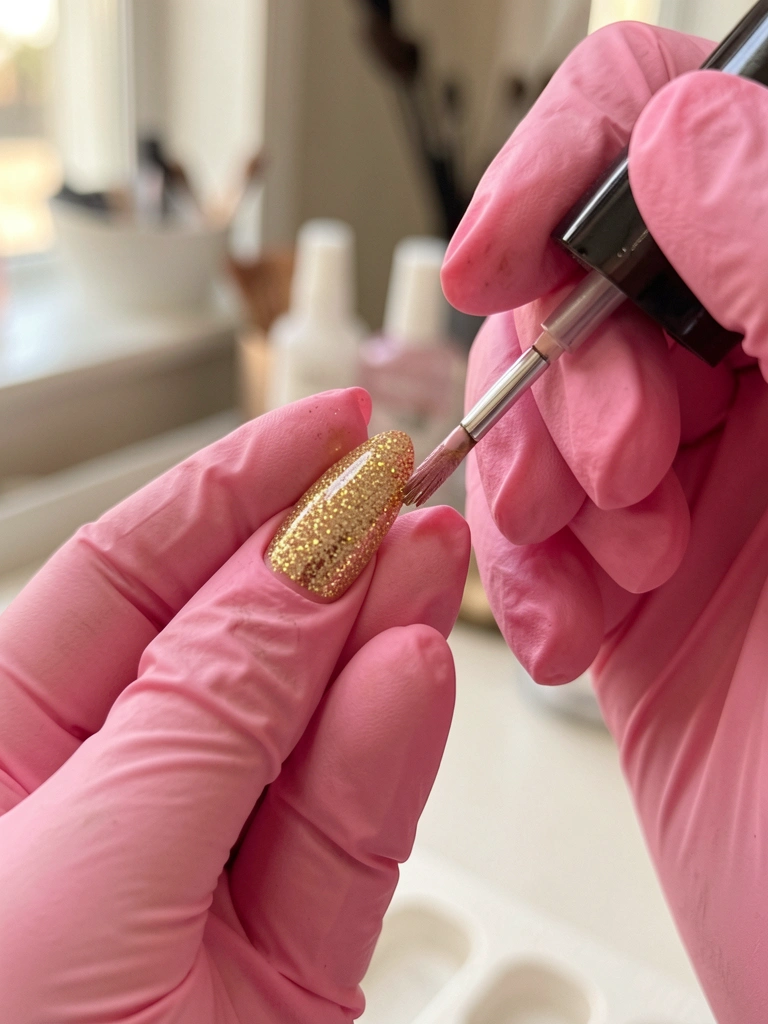 Mão com luva rosa aplica esmalte glitter dourado em unha rosa alongada, luz natural suave e fundo de salão.
