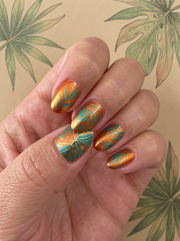 Mãos exibindo unhas metálicas laranja e azul-petróleo com folhas tropicais e detalhes dourados, fundo bege com ilustrações botânicas e luz natural difusa.