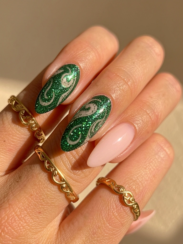 Unha alongada rosa-claro com glitter verde-esmeralda, anéis de ouro delicados, luz solar suave em fundo bege neutro.