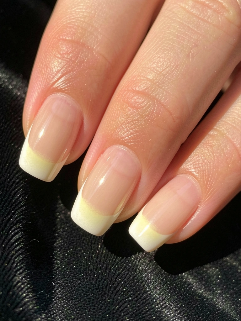 Cinco unhas com esmalte bege degradê para amarelo claro e ponta branca, superfície acetinada refletindo luz sobre veludo escuro texturizado.