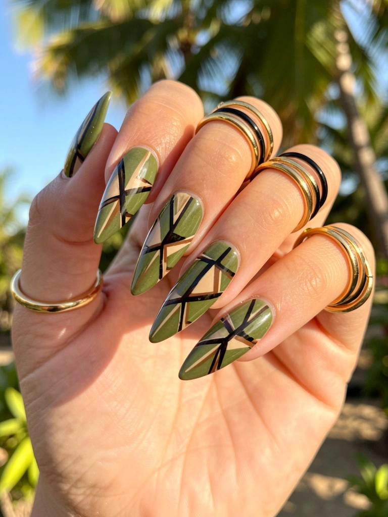 Unhas verde-oliva longas com padrões geométricos em bege, marrom e preto, anéis dourados e pretos, luz natural quente.