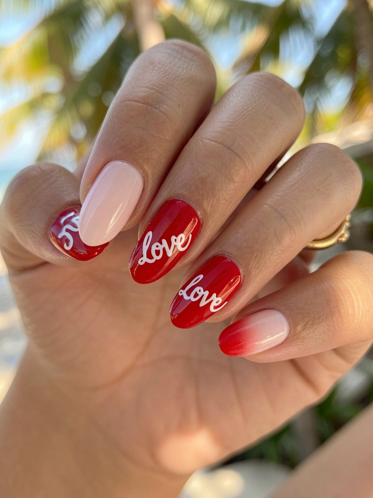Mãos femininas com unhas em gradiente rosa-vermelho, desenho branco 