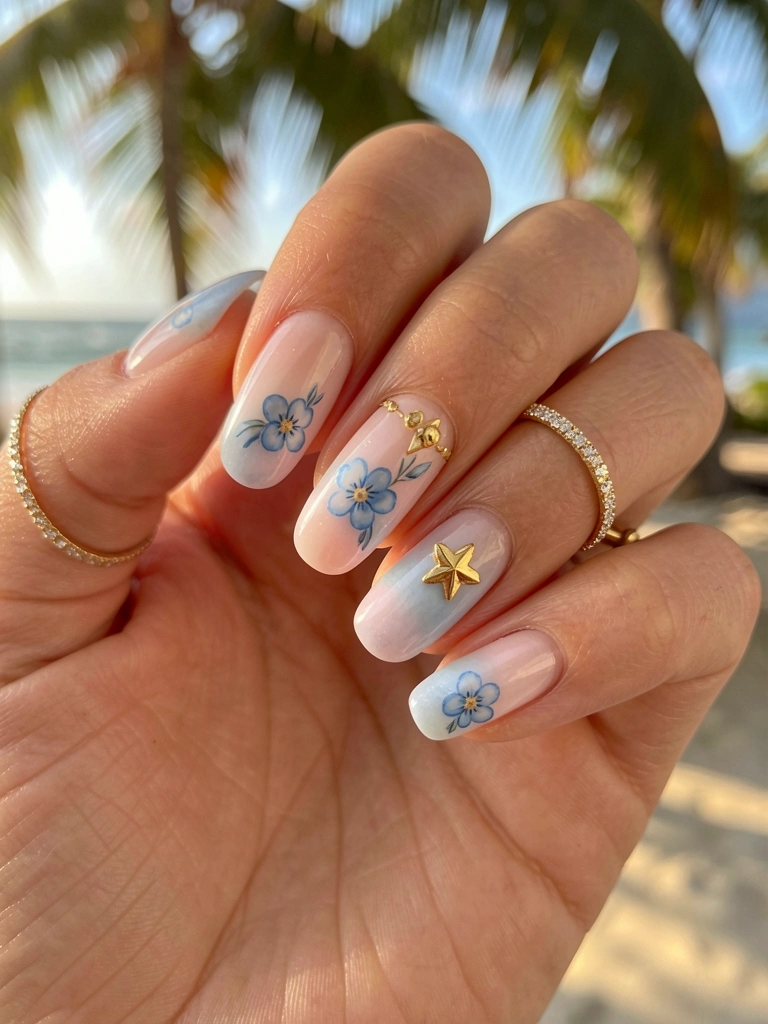 Mão com unhas ombré rosa e azul, flor azul delicada, estrela dourada e anel fino de ouro, luz natural filtrada.