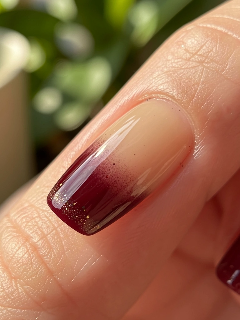 Unha com gradiente vinho e nude, glitter na ponta, luz natural e fundo verde desfocado.