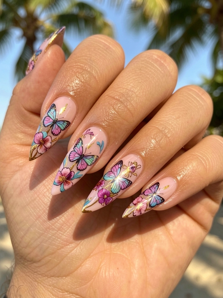 Unhas compridas em formato amendoado com esmaltação floral vibrante em rosa, roxo, azul e dourado, detalhes de borboletas e luz natural refletindo no brilho.