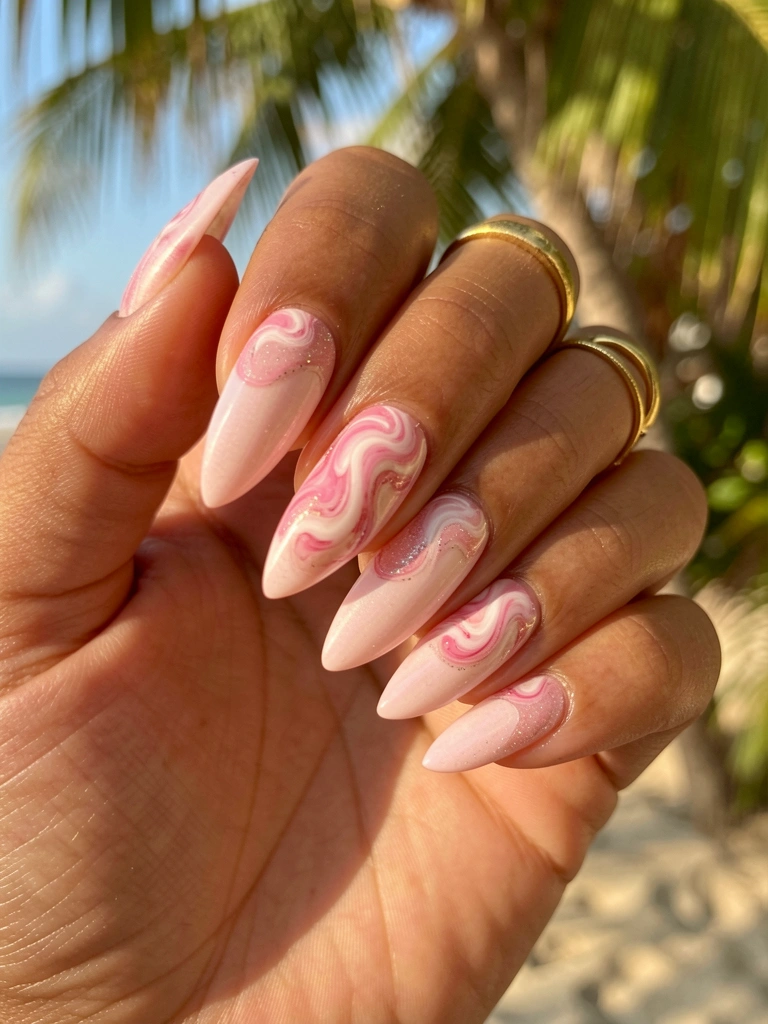 Mão com unhas alongadas e esmalte rosa com swirl branco e glitter, anel dourado, luz natural quente e fundo desfocado com tons tropicais.