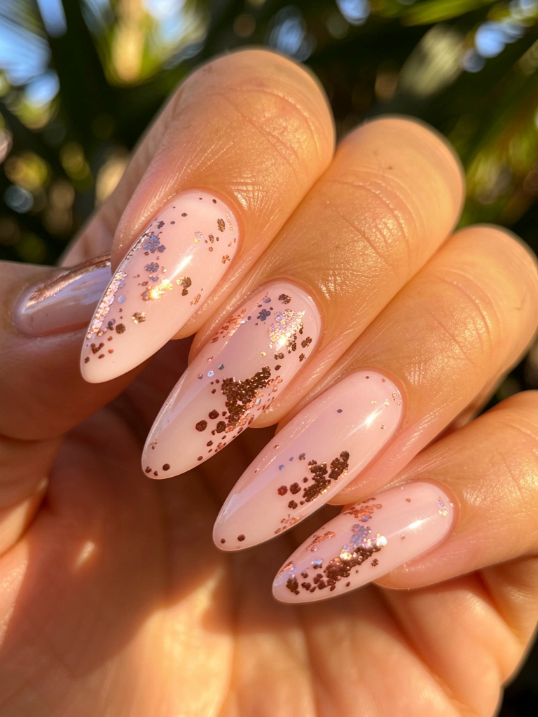 Unhas compridas e rosadas com glitter rosa-dourado, luz solar refletindo no esmalte brilhante, folhagem desfocada ao fundo.
