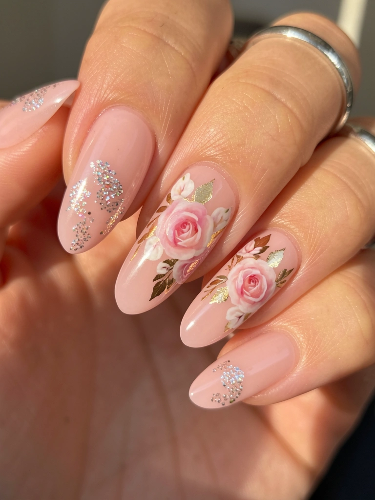 Unha em gel rosa-claro com glitter, rosas brancas e detalhes em folha de ouro, anel de prata no dedo ao lado, luz solar difusa e fundo desfocado.