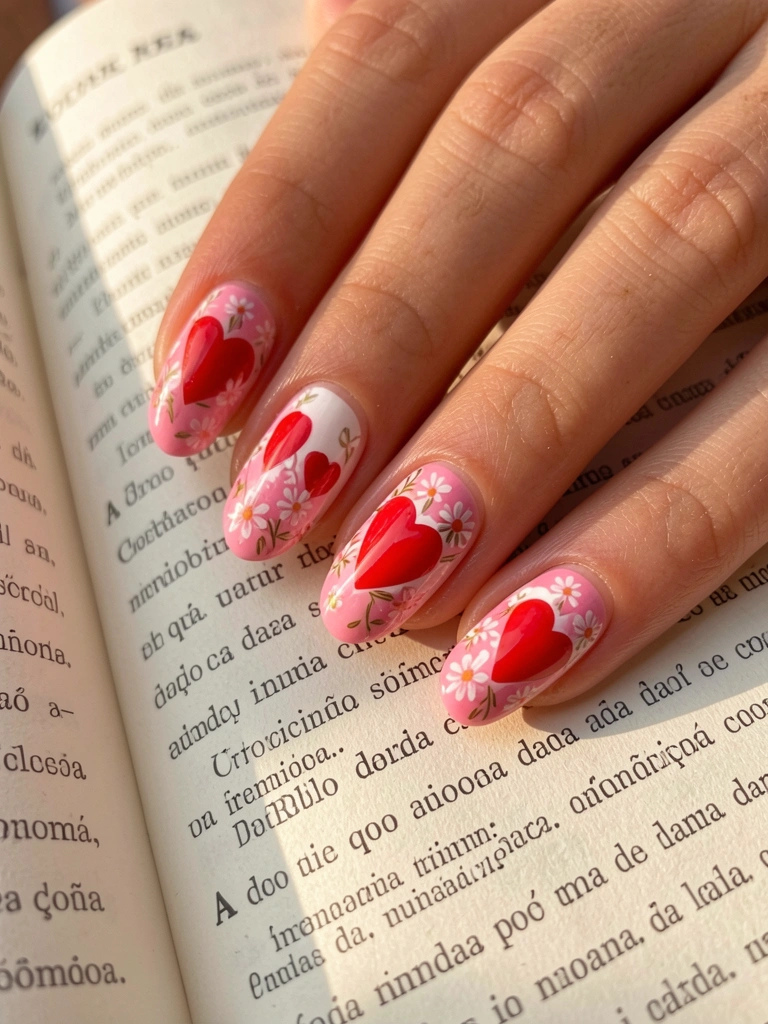 Mão com unhas decoradas em rosa e branco, detalhe de coração vermelho e flores, sobre livro aberto com texto em português, luz natural suave.