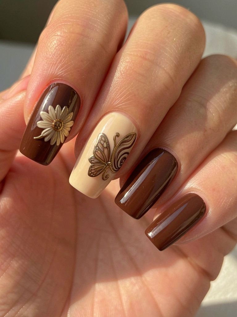 Close-up de unhas com esmaltação ombré do marrom ao bege, uma unha decorada com margarida e borboleta em tons dourados, luz difusa destacando o brilho.