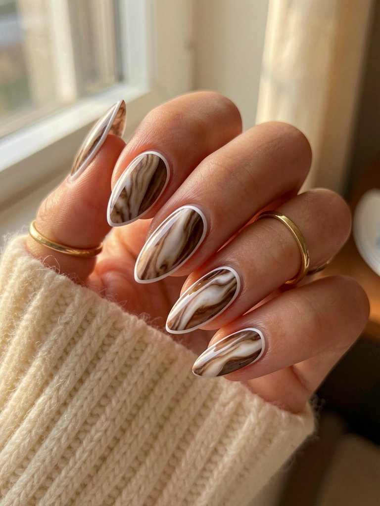 Mão com unhas em mármore marrom e branco e anel de ouro, fundo de suéter creme e luz natural.