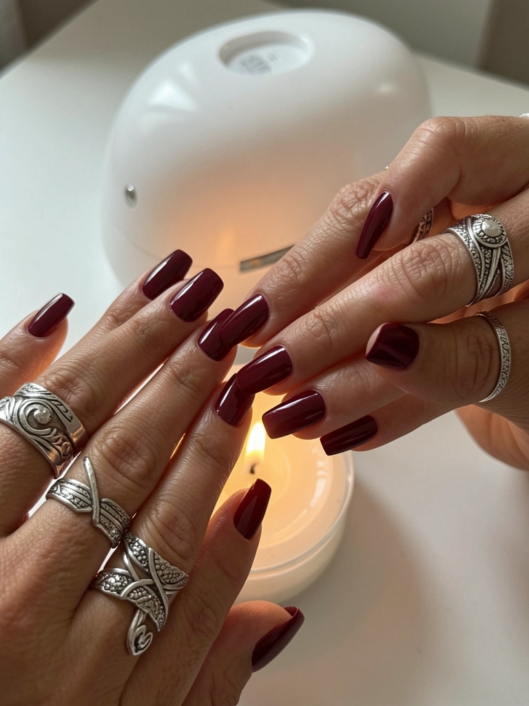 Mãos aplicando esmalte vinho escuro em unhas quadradas e longas, com anéis de prata e vela branca ao lado, luz natural difusa.