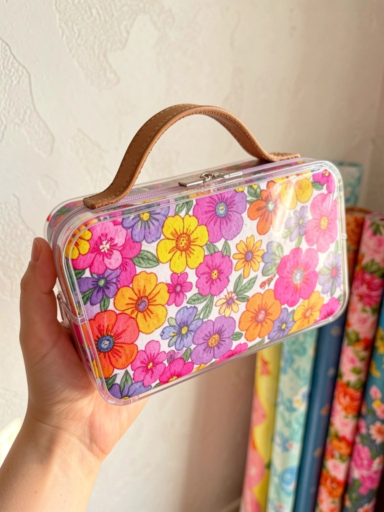 Necessaire floral com flores pink, roxas, amarelas e laranjas segurada por uma mão, fecho plástico transparente e alça de couro, luz natural e parede texturizada ao fundo com rolos de tecido.
