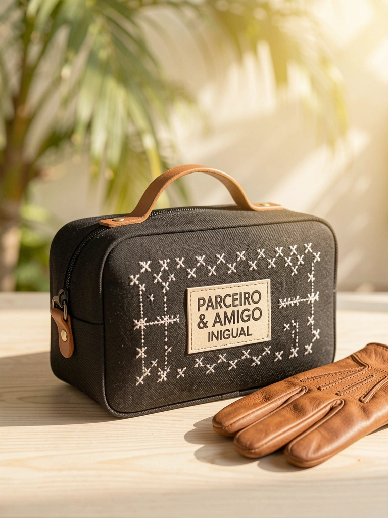 Necessaire preta com alça de couro e detalhe em cross-stitch sobre mesa de madeira clara, luva de couro marrom ao lado, luz natural filtrada.