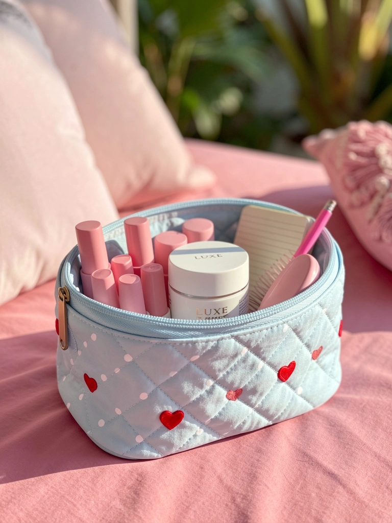 Necessaire azul claro com bolinhas brancas e corações vermelhos, zíper aberto, repleta de batons rosa e pote de creme branco sobre colcha rosa, com almofada decorativa ao fundo.