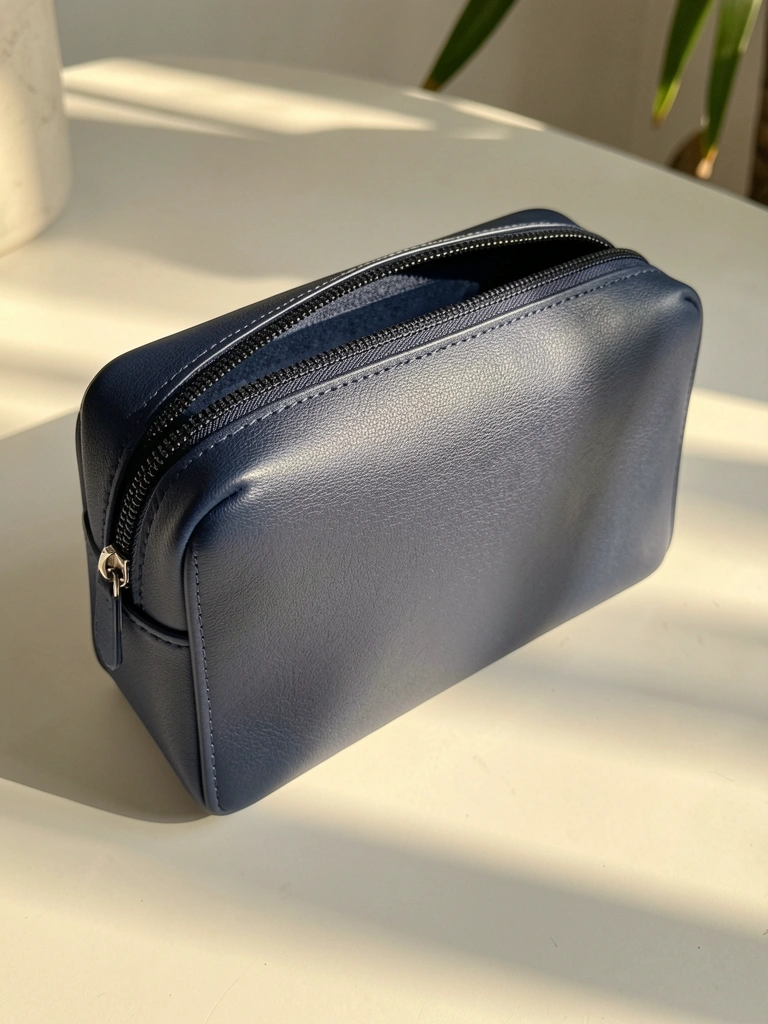 Bolsa retangular de couro azul-marinho com zíper prateado entreaberto sobre superfície branca, iluminada por luz natural que realça a textura do couro e os pontos da costura.